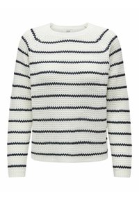 White knitted sweater with navy horizontal stripes, round neckline, and long sleeves. Textured fabric with a slightly loose fit.
