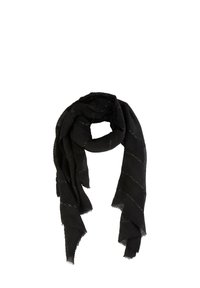 Sciarpa nera a coste con sottili strisce diagonali metallizzate, piegata in modo lasco con estremità appuntite e bordi sfilacciati.