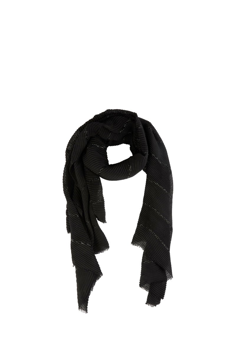Sciarpa nera a coste con sottili strisce diagonali metallizzate, piegata in modo lasco con estremità appuntite e bordi sfilacciati.