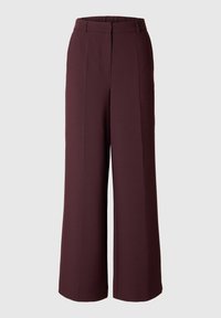 Burgundy kalhoty s vysokým pasem a širokými nohavicemi vyrobené z hladkého materiálu, s přítomností předních skladů a pohodlným elastickým pasem.