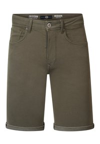 Pantalones cortos ajustados de color verde oliva con dobladillo doblado, diseño de cinco bolsillos y cierre de botón en la parte frontal. Hechos de una tela suave y duradera con una textura sutil.