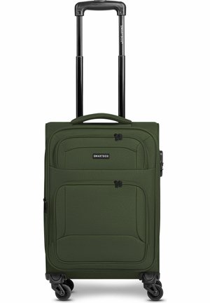 Valigia morbida verde con manico telescopico, due tasche frontali con cerniera e quattro ruote orientabili, etichettata "SMARTBOX".