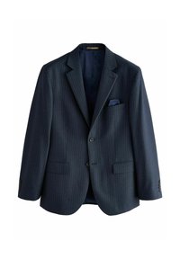 Námornícky pruhovaný blazer s dvoma prednými vreckami, zapínaním na jeden gombík a vreckom na hrudi so zloženým vreckovkou. Hladká textúra.