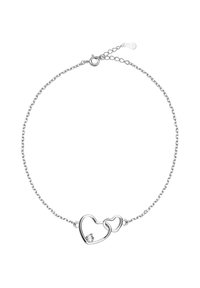 Bracciale in argento con catena caratterizzato da due cuori intrecciati, uno dei quali ha un piccolo accento in pietra preziosa. Design minimalista con finitura lucida.