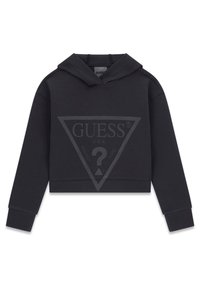 Zwarte cropped hoodie met lange mouwen en een groot, gematigd Guess-logo met een driehoek en vraagteken op de borst.