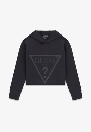 Hanorac scurt, de culoare neagră, cu mâneci lungi, având un logo mare Guess de culoare estompată, ce include un triunghi și un semn de întrebare pe piept.