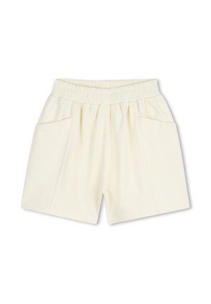 Crèmekleurige korte broek met elastische taille, zijzakken en een ontspannen pasvorm, weergegeven op een witte achtergrond.