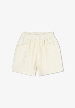 Shorts à taille élastique couleur crème avec poches latérales et coupe décontractée, présentés sur un fond blanc.