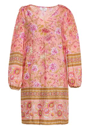 Rochie florală roz cu mâneci lungi și bufante. Prezintă un decolteu în formă de V, modele florale intricate în culori multiple și margini decorative aurii.