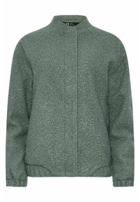 Green textured jacket with a stand-up collar, front zip closure, and elastic cuffs. Material features a pattern resembling small dots.