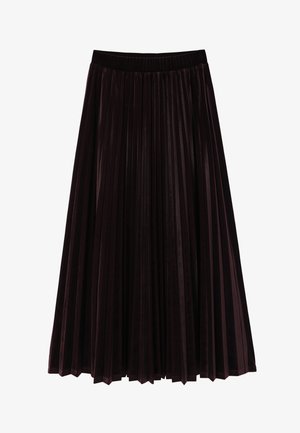 Dunkelburgunderfarbene, gefaltete Rock mit elastischem Bund. Hergestellt aus weichem, strukturiertem Stoff, mit vertikalen Falten und einem mittellangen Design.