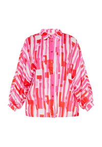 Bunte Button-up-Bluse in Pink und Rot mit einem gestreiften Muster. Hergestellt aus einem glatten, leichten Stoff mit einem kragenlosen Ausschnitt und puffärmel.