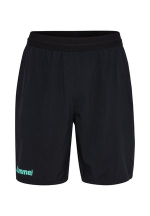 Zwarte sportshorts gemaakt van lichtgewicht stof, met een elastische tailleband en een turquoise logo op het onderste deel van het linkerbeen.
