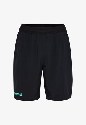 Zwarte sportshorts gemaakt van lichtgewicht stof, met een elastische tailleband en een turquoise logo op het onderste deel van het linkerbeen.