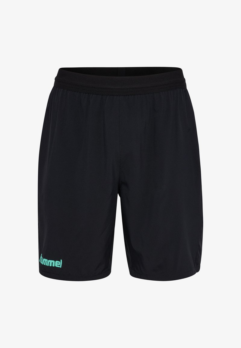Shorts de sport noirs en tissu léger, avec une ceinture élastique et un logo turquoise sur la jambe inférieure gauche.