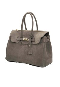 Szara zamszowa torebka o ustrukturyzowanym kształcie, z podwójnymi uchwytami, zamkiem błyskawicznym i klapą z przodu ozdobioną dekoracyjną klamrą.