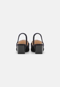 Svarta mocka klacksandaler med kvadratisk tå, slingback-design och tjocka klackar. Slät inre foder med minimala sömnadsdetaljer.
