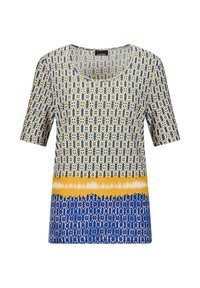 Korte mouwen top met een ronde halslijn, multicolor patronen in blauw, geel en wit, met een textuur in de stof.