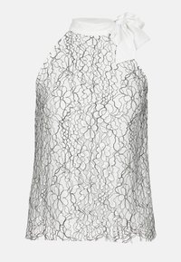 White lace top with floral pattern, high neck design, and a bow detail on the side. Lightweight and sheer texture.