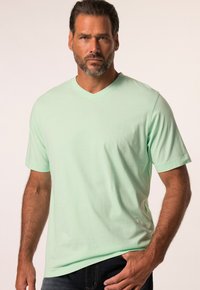 Camiseta verde menta de cuello en V, fabricada con tela suave, presenta mangas cortas y un sutil branding en el pecho. Corte casual y textura suave.