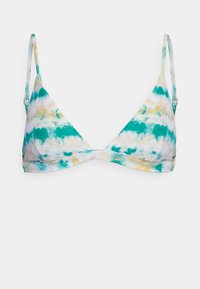 Top de biquíni em triângulo com um padrão tie-dye em verde, branco e toques de amarelo. Alças ajustáveis e faixa sob o busto para melhor ajuste.