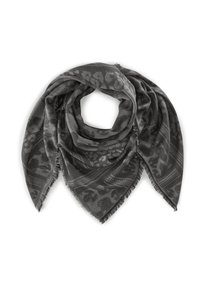 Écharpe gris foncé avec un imprimé animal subtil, dotée de bords effilochés et d'un motif décoratif le long des bordures. Forme triangulaire.