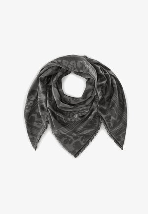 Dunkelgrauener Schal mit dezentem Tiermotiv, veredelt mit fransigen Kanten und einem dekorativen Muster entlang der Ränder. Dreieckige Form.