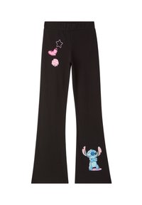 Pantaloni neri a palazzo con cintura elastica, decorati con stampe colorate di un personaggio dei cartoni animati blu, una stella e cuori rosa.