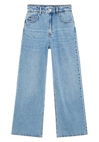 Jeans de mezclilla de tono azul claro, de pierna ancha y cintura alta, con cinco bolsillos y un desvanecimiento sutil. Con dobladillo sin acabar en la parte inferior y un cierre clásico con botón.