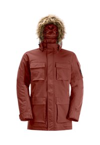 Rode waterdichte parka met een capuchon met nepbontomranding, meerdere voorkruisen en een rits aan de voorkant, gemaakt van duurzaam materiaal.