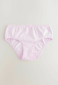 Light pink women's cotton underwear with a small decorative bow and elastic waistband, laid flat on a light surface.