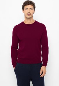 Bordeauxrode trui met ronde hals, gemaakt van zacht materiaal met lange mouwen en geribde boorden. Draagt over marineblauwe broek, zonder zichtbare patronen of logo's.