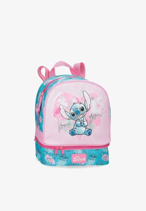 Mochila rosa y azul con el personaje Stitch de Disney, patrones florales, texto "te quiero", cremalleras rosas y correas ajustables para los hombros.
