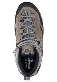 Graue Wildlederschuhe für Wanderungen mit schwarzer Gummizehenspitze, pinken Akzenten, Netzpaneelen und grauen Schnürsenkeln. Besitzt eine Zuglasche und einen gepolsterten Innenbereich.