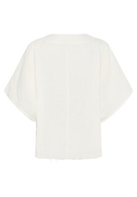 Blusa bianca a maniche corte con vestibilità morbida, caratterizzata da un semplice scollo rotondo e un tessuto leggermente texturizzato. La vista posteriore mostra una cucitura centrale.