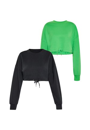 Zwei kurz geschnittene Sweatshirts mit langen Ärmeln, eines schwarz und eines hellgrün, jeweils mit einem Kordelzug am Saum und gerippten Bündchen.
