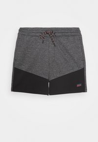 Zwarte en grijze sportshorts met een drawstring taille, gekleurd design met een chevronpatroon, zachte stof en een logo-label.