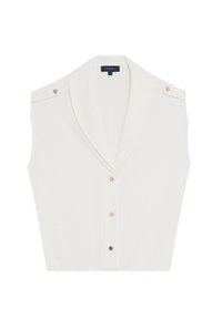 Weiße ärmellose Bluse mit Schalkragen, ausgestattet mit goldfarbenen Knöpfen an den Schultern und vorne. Glattes Material mit einem klaren Design.