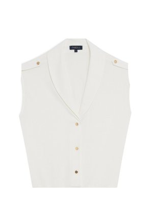 Weiße ärmellose Bluse mit Schalkragen, ausgestattet mit goldfarbenen Knöpfen an den Schultern und vorne. Glattes Material mit einem klaren Design.