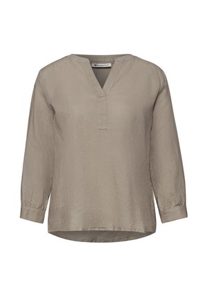 Beige Bluse mit langen Ärmeln, V-Ausschnitt, lockerer Passform und geknöpften Manschetten, aus leichtem Stoff.
