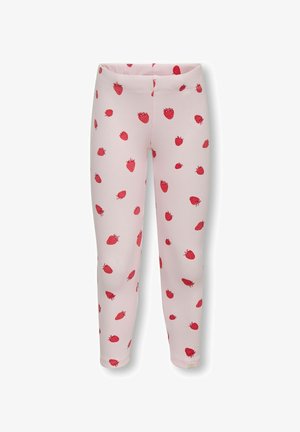 Leggings rose pâle avec un motif de fraises rouges sur l'ensemble. Tissu doux et extensible ; design ajusté ; sans coutures ni ornements visibles.