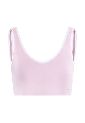 Reggiseno sportivo rosa chiaro con spalline larghe e scollo rotondo, progettato per comfort e supporto.