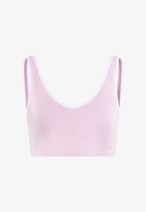 Reggiseno sportivo rosa chiaro con spalline larghe e scollo rotondo, progettato per comfort e supporto.