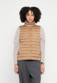 Bēša pūderveida veste ar augstu apkakli, pogājamu priekšpusi un horizontālu kviltēta raksta dizainu. Valkāta virs gaiši bēša džempera ar vaļēju piegriezumu.