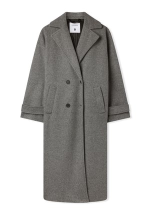 Cappotto doppio petto lungo in misto lana grigia, con ampi risvolti, due tasche frontali, chiusura con bottoni e maniche con polsini, taglia piccola.