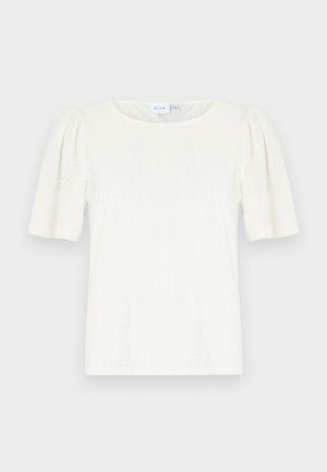 White short-sleeve top with puffed sleeves, featuring a diamond pattern and textured fabric, round neckline, and regular fit.