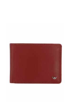 Portefeuille bifold en cuir marron avec coutures nettes et petit emblème logo argenté en bas à droite sur fond blanc.