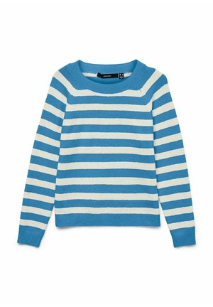 Pull rayé avec un col rond, fabriqué en tissu doux. Rayures horizontales alternant bleu clair et blanc. Manches longues, poignets côtelés.