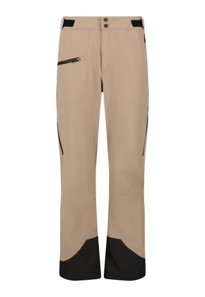 Beige ulkoiluhousut, joissa on mustat vahvistetut lahkeet, vetoketjullinen sivutasku, säädettävät vyötärönauhat ja tuplapainonappi kiinnitys.