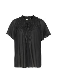 Blusa nera a maniche corte con scollatura arricciata, tessuto leggero e vestibilità ampia. Presenta un dettaglio con fiocco sul davanti e una texture morbida.